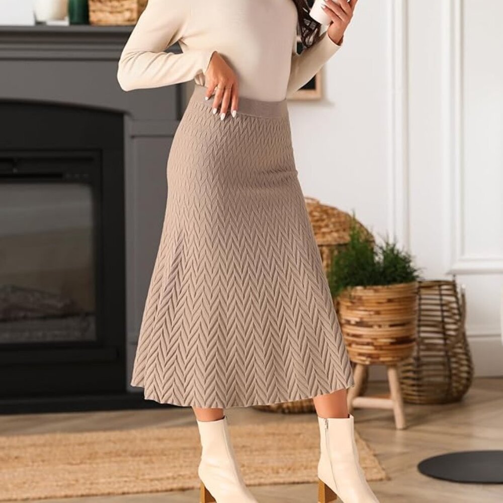 Elastic High Waist Stretchy Sweater Midi Skirt Brown